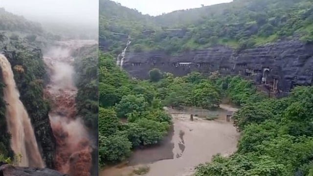 अजिंठा लेणीतील सुप्रसिद्ध सप्तकुंड धबधबा धो-धो कोसळू लागला